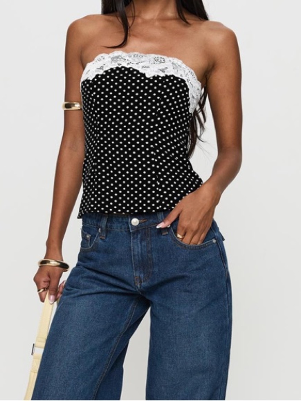 Princess Polly Ettore Lace Trim Strapless Top Black Polkadot